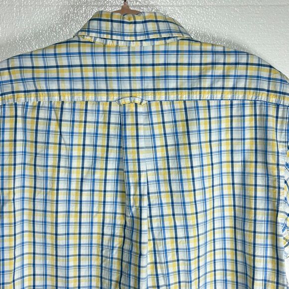 IZOD Shirt Men's Size LG Blue Yellow White Plaid Button Down Short Sleeve Pocket - Picture 4 of 11